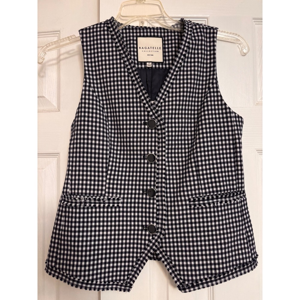 Bagatelle Collection l Gingham Tweed Fringe Vest Black White XS NWT Office